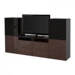 БЕСТО Шкаф для ТВ, комбин/стеклян дверцы - черно-коричневый/Сельсвикен глянцевый/коричневый дымчат стекло, направляющие ящика,нажимные