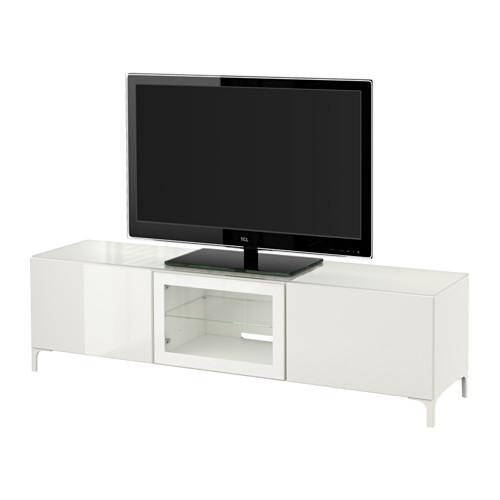БЕСТО Тумба под ТВ, с дверцами - белый/Сельсвикен глянцевый/белый прозрачное стекло, 180x40x38 см, направляющие ящика,нажимные