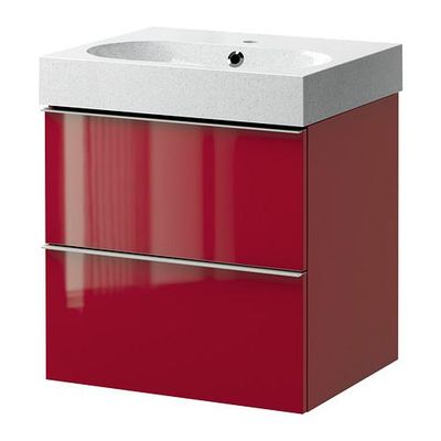 ГОДМОРГОН/БРОВИКЕН Шкаф для раковины с 2 ящ - глянцевый красный/светло-серый