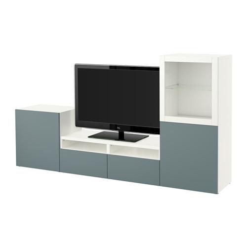 БЕСТО Шкаф для ТВ, комбин/стеклян дверцы - белый/Вальвикен серо-бирюзовый, прозрачное стекло, направляющие ящика,нажимные БЕСТО Шкаф для ТВ, комбин/стеклян дверцы - белый/Вальвикен серо-бирюзовый, прозрачное стекло, направляющие ящика,нажимные