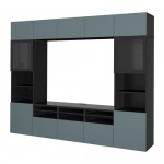 БЕСТО Шкаф для ТВ, комбин/стеклян дверцы - черно-коричневый/Вальвикен серо-бирюзовый, прозрачное стекло, направляющие ящика, плавно закр