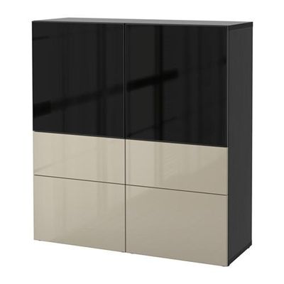 БЕСТО Комбинация д/хранения+стекл дверц - черно-коричневый/Сельсвикен глянцевый/бежевый/дымчатое стекло, направляющие ящика, плавно закр