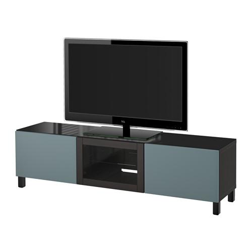 БЕСТО Тумба под ТВ, с дверцами - черно-коричневый/Вальвикен серо-бирюзовый, прозрачное стекло, 180x40x38 см, направляющие ящика,нажимные