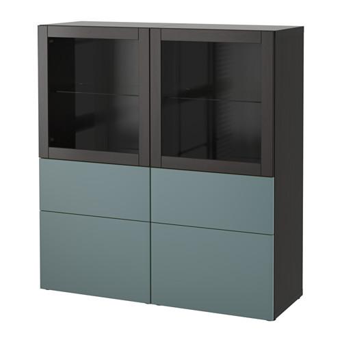 БЕСТО Комбинация д/хранения+стекл дверц - черно-коричневый/Вальвикен серо-бирюзовый, прозрачное стекло, направляющие ящика,нажимные