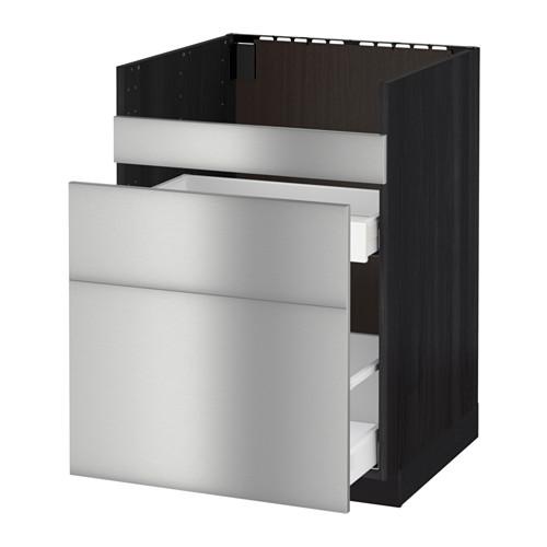 МЕТОД / МАКСИМЕРА Нап шкаф п/мойку ДУМШЁ/3фасада/2ящ - под дерево черный, Гревста нержавеющ сталь, 60x60 см