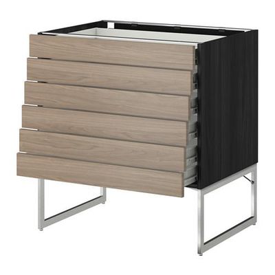 МЕТОД / ФОРВАРА Напольн шкаф 6фронт пнл/6 низ ящ - 80x60x60 см, Брокхульт под грецкий орех светло-серый, под дерево черный