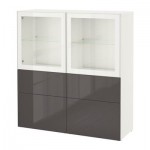 БЕСТО Комбинация д/хранения+стекл дверц - белый/Сельсвикен глянцевый/серый прозрачное стекло, направляющие ящика,нажимные