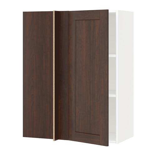 МЕТОД Угловой навесной шкаф с полками - белый, Эдсерум под дерево коричневый, 88x37x100 см