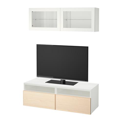 БЕСТО Шкаф для ТВ, комбин/стеклян дверцы - белый/Инвикен ясеневый шпон, направляющие ящика, плавно закр