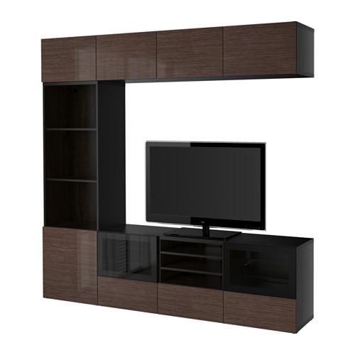 БЕСТО Шкаф для ТВ, комбин/стеклян дверцы - черно-коричневый/Сельсвикен глянцевый/коричневый прозрач стекло, направляющие ящика, плавно закр