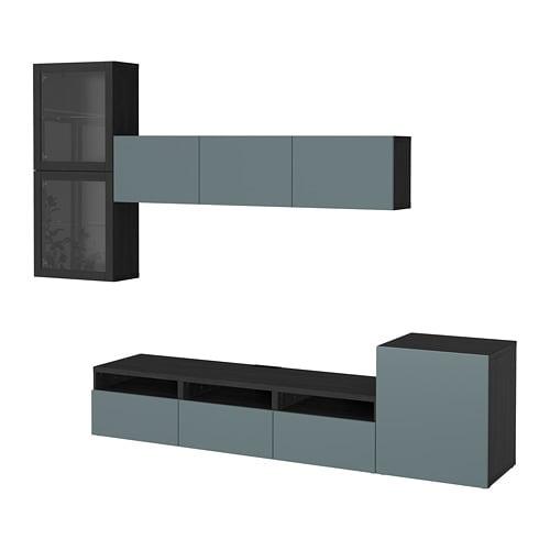 БЕСТО Шкаф для ТВ, комбин/стеклян дверцы - черно-коричневый/Вальвикен серо-бирюзовый, прозрачное стекло, направляющие ящика, плавно закр БЕСТО Шкаф для ТВ, комбин/стеклян дверцы - черно-коричневый/Вальвикен серо-бирюзовый, прозрачное стекло, направляющие ящика, плавно закр