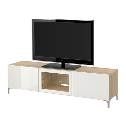 БЕСТО Тумба под ТВ с ящиками и дверцей - под беленый дуб/Сельсвикен глянцевый/белый прозрачное стекло, направляющие ящика, плавно закр