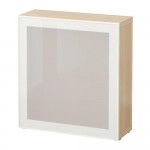 БЕСТО Стеллаж со стеклянн дверью - под беленый дуб/Глассвик белый матовое стекло