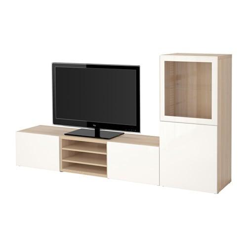 БЕСТО Шкаф для ТВ, комбин/стеклян дверцы - под беленый дуб/Сельсвикен глянцевый/белый прозрачное стекло, направляющие ящика,нажимные