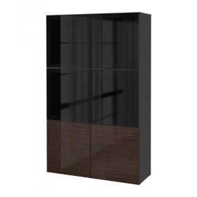 БЕСТО Комбинация д/хранения+стекл дверц - черно-коричневый/Сельсвикен глянцевый/коричневый дымчат стекло, направляющие ящика,нажимные