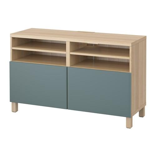 БЕСТО Тумба под ТВ, с дверцами - под беленый дуб/Вальвикен серо-бирюзовый