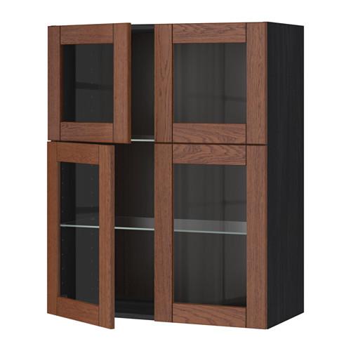 МЕТОД Навесной шкаф с полками/4 стекл дв - под дерево черный, Филипстад коричневый