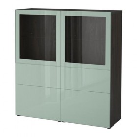 БЕСТО Комбинация д/хранения+стекл дверц - черно-коричневый Сельсвикен/глянцевый/серо-зеленый светлый прозрачное стекло, направляющие ящика, плавно закр