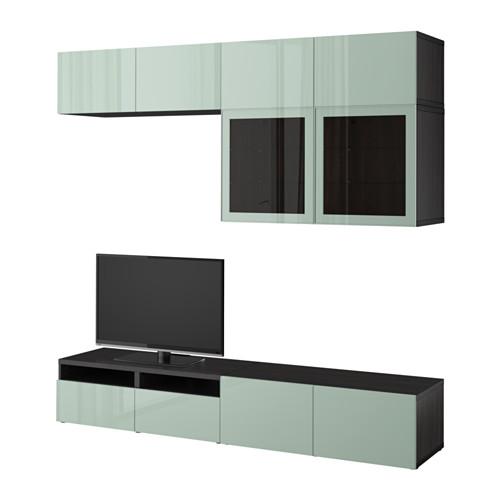 BESTÅ TV-meubel, in combinatie / glazen deuren Selsviken hoogglans / grijs-groen licht transparant glas, ladegeleiders, push (092.023.72) - reviews, prijs, waar te