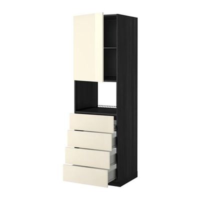 МЕТОД / ФОРВАРА Высок шкаф д/духовки/дверца/4ящика - 60x60x200 см, Рингульт глянцевый кремовый, под дерево черный