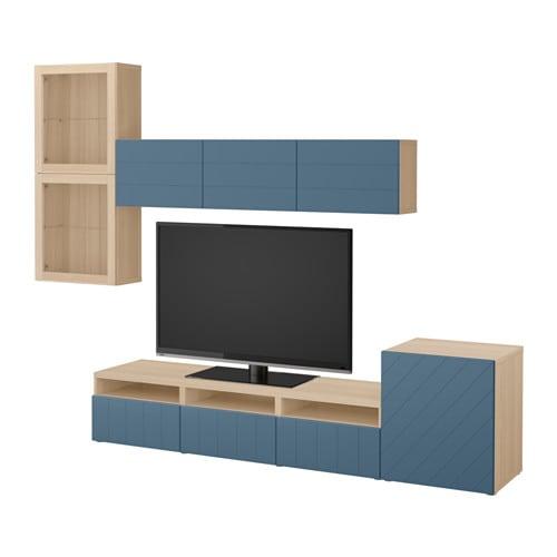 БЕСТО Шкаф для ТВ, комбин/стеклян дверцы - под беленый дуб Халлставик/темно-синий прозрачное стекло, направляющие ящика,нажимные