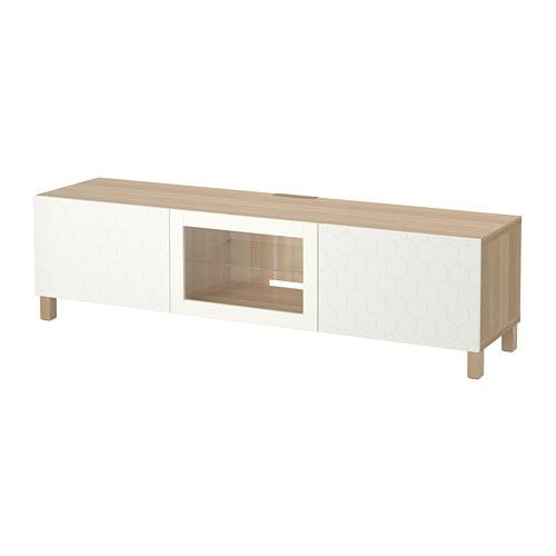 БЕСТО Тумба под ТВ с ящиками и дверцей - под беленый дуб белый прозрачное стекло, направляющие ящика,нажимные