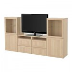 БЕСТО Шкаф для ТВ, комбин/стеклян дверцы - Ханвикен/Синдвик под беленый дуб, прозрачное стелко, направляющие ящика,нажимные