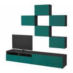 БЕСТО Шкаф для ТВ, комбинация - черно-коричневый/Халлставик сине-зеленый, направляющие ящика,нажимные