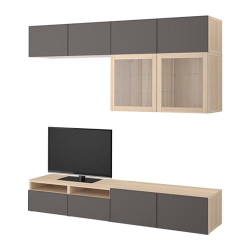 БЕСТО Шкаф для ТВ, комбин/стеклян дверцы - под беленый дуб Грундсвикен/темно-серый прозрачное стекло, направляющие ящика,нажимные БЕСТО Шкаф для ТВ, комбин/стеклян дверцы - под беленый дуб Грундсвикен/темно-серый прозрачное стекло, направляющие ящика,нажимные