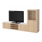 БЕСТО Шкаф для ТВ, комбин/стеклян дверцы - Лаппвикен/Синдвик под беленый дуб, прозрачное стелко, направляющие ящика, плавно закр