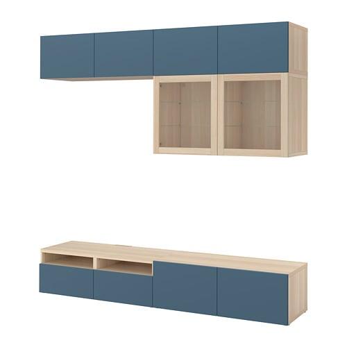 БЕСТО Шкаф для ТВ, комбин/стеклян дверцы - под беленый дуб Вальвикен/темно-синий прозрачное стекло, направляющие ящика, плавно закр
