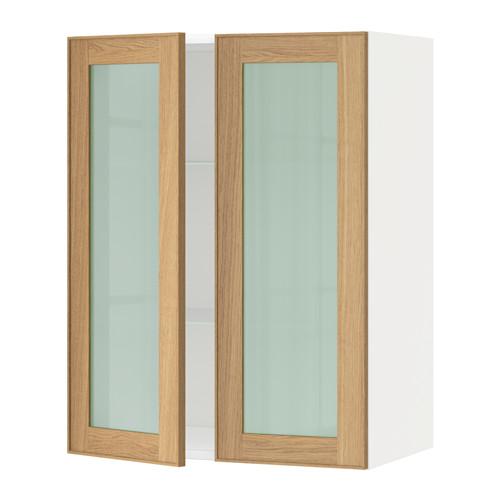 МЕТОД Навесной шкаф с полками/2 стекл дв - белый, Экестад дуб, 60x80 см