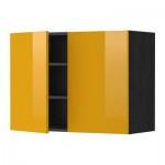 МЕТОД Навесной шкаф с полками/2дверцы - 80x60 см, Ерста глянцевый желтый, под дерево черный
