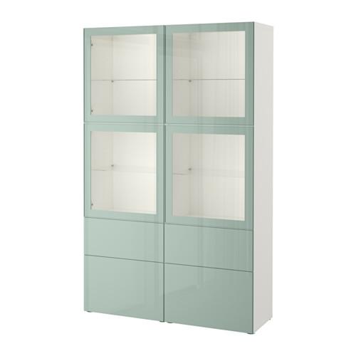 БЕСТО Комбинация д/хранения+стекл дверц - белый Сельсвикен/глянцевый/серо-зеленый светлый прозрачное стекло, направляющие ящика,нажимные