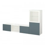 БЕСТО Шкаф для ТВ, комбин/стеклян дверцы - белый/Вальвикен серо-бирюзовый, прозрачное стекло, направляющие ящика,нажимные