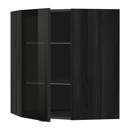 МЕТОД Углов навесн шк с полками/сткл дв - под дерево черный, Ютис дымчатое стекло/черный, 68x80 см