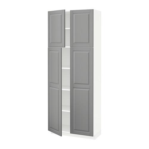 МЕТОД Высокий шкаф с полками/4 дверцы - белый, Будбин серый, 80x37x200 см