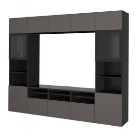 БЕСТО Шкаф для ТВ, комбин/стеклян дверцы - черно-коричневый Грундсвикен/темно-серый прозрачное стекло, направляющие ящика, плавно закр