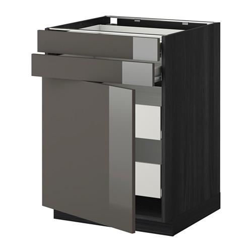 МЕТОД / ФОРВАРА Нплн шк двр/2фрнт/2нзк/2срд ящ - под дерево черный, Рингульт глянцевый серый, 60x60 см