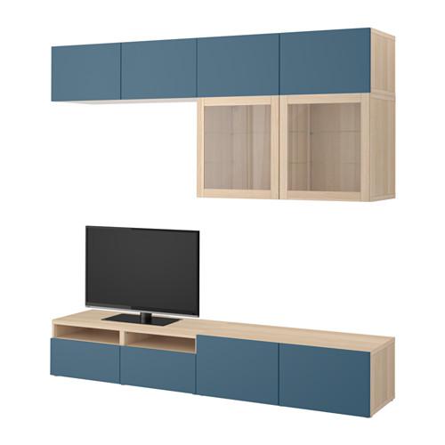 БЕСТО Шкаф для ТВ, комбин/стеклян дверцы - под беленый дуб Вальвикен/темно-синий прозрачное стекло, направляющие ящика, плавно закр БЕСТО Шкаф для ТВ, комбин/стеклян дверцы - под беленый дуб Вальвикен/темно-синий прозрачное стекло, направляющие ящика, плавно закр