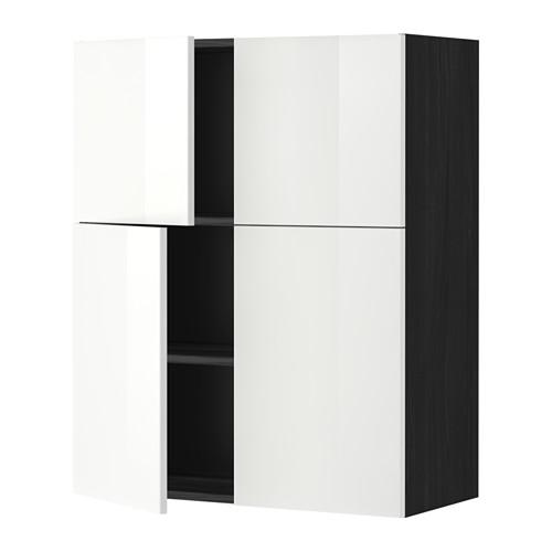 МЕТОД Навесной шкаф с полками/4дверцы - под дерево черный, Рингульт глянцевый белый