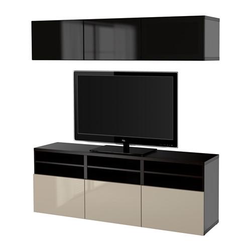 БЕСТО Шкаф для ТВ, комбин/стеклян дверцы - черно-коричневый/Сельсвикен глянцевый/бежевый/дымчатое стекло, направляющие ящика, плавно закр