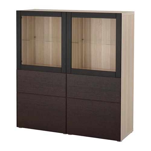 БЕСТО Комбинация д/хранения+стекл дверц - под беленый дуб/Инвикен черно-коричневый прозрачное стекло, направляющие ящика, плавно закр