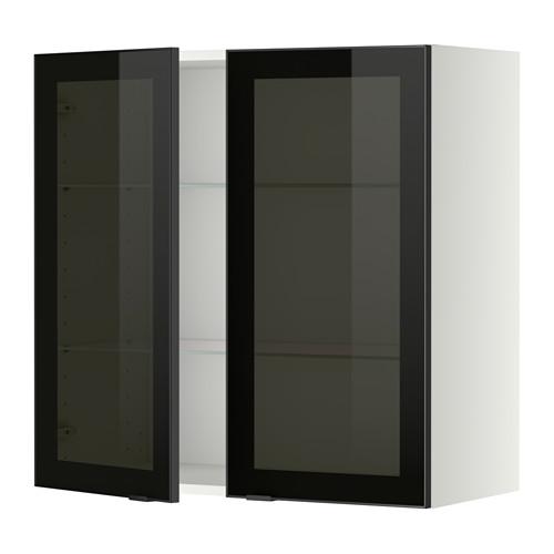 МЕТОД Навесной шкаф с полками/2 стекл дв - белый, Ютис дымчатое стекло/черный, 80x80 см