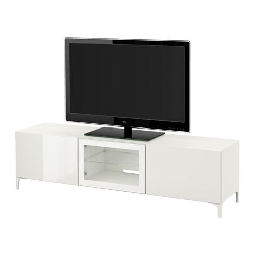 БЕСТО Тумба под ТВ с ящиками и дверцей - белый/Сельсвикен глянцевый/белый прозрачное стекло, направляющие ящика, плавно закр