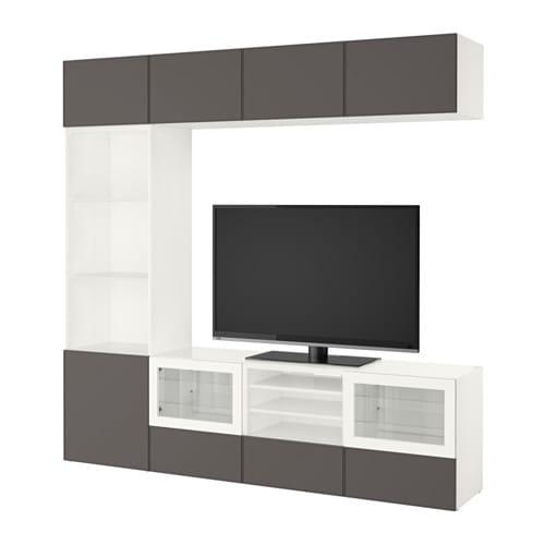 БЕСТО Шкаф для ТВ, комбин/стеклян дверцы - белый Грундсвикен/темно-серый прозрачное стекло, направляющие ящика,нажимные