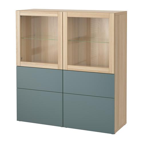 БЕСТО Комбинация д/хранения+стекл дверц - под беленый дуб/Вальвикен серо-бирюзовый, прозрачное стекло, направляющие ящика, плавно закр БЕСТО Комбинация д/хранения+стекл дверц - под беленый дуб/Вальвикен серо-бирюзовый, прозрачное стекло, направляющие ящика, плавно закр