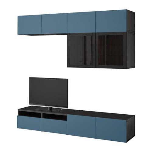 БЕСТО Шкаф для ТВ, комбин/стеклян дверцы - черно-коричневый Вальвикен/темно-синий прозрачное стекло, направляющие ящика,нажимные БЕСТО Шкаф для ТВ, комбин/стеклян дверцы - черно-коричневый Вальвикен/темно-синий прозрачное стекло, направляющие ящика,нажимные