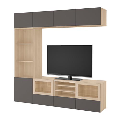 БЕСТО Шкаф для ТВ, комбин/стеклян дверцы - под беленый дуб Грундсвикен/темно-серый прозрачное стекло, направляющие ящика,нажимные БЕСТО Шкаф для ТВ, комбин/стеклян дверцы - под беленый дуб Грундсвикен/темно-серый прозрачное стекло, направляющие ящика,нажимные