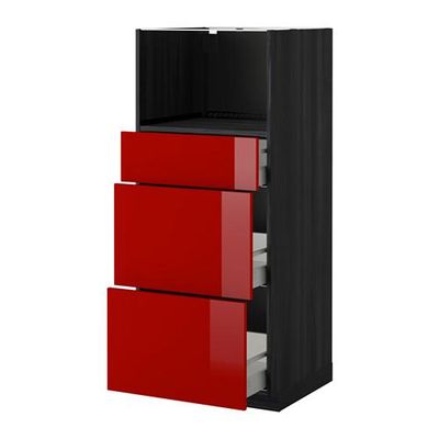 МЕТОД / МАКСИМЕРА Высокий шкаф д/СВЧ с 3 ящиками - Рингульт глянцевый красный, под дерево черный